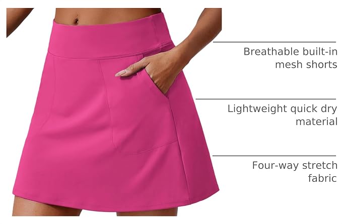 PINSPARK 17" Golf Skorts for Woman High Waisted Tennis Skirt with 4 Pockets | Lightweight, Quick Dry, 4-Way Strecth, Breathable, Tummy Control, UPF 50+ Athletic Skort for Workout, Pickleball, Gym, Casual