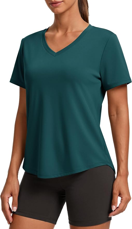 PINSPARK Soft Workout Tops for Women Short Sleeve V Neck Moisture Wicking UPF 50+ Sun Protection Quick Dry Gym Shirts
