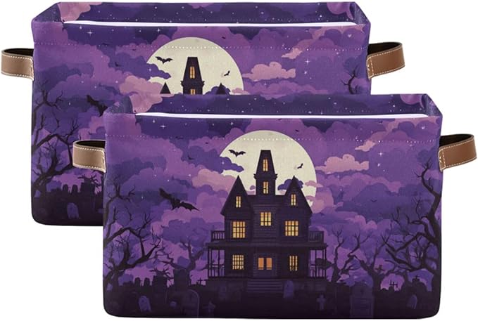Aslsiy Storage Basket Spooky Castle Halloween Moon Nursery Bins Purple Baby Box Canvas Clothes Shelf Basket Laundry Hampers 2 Pcs