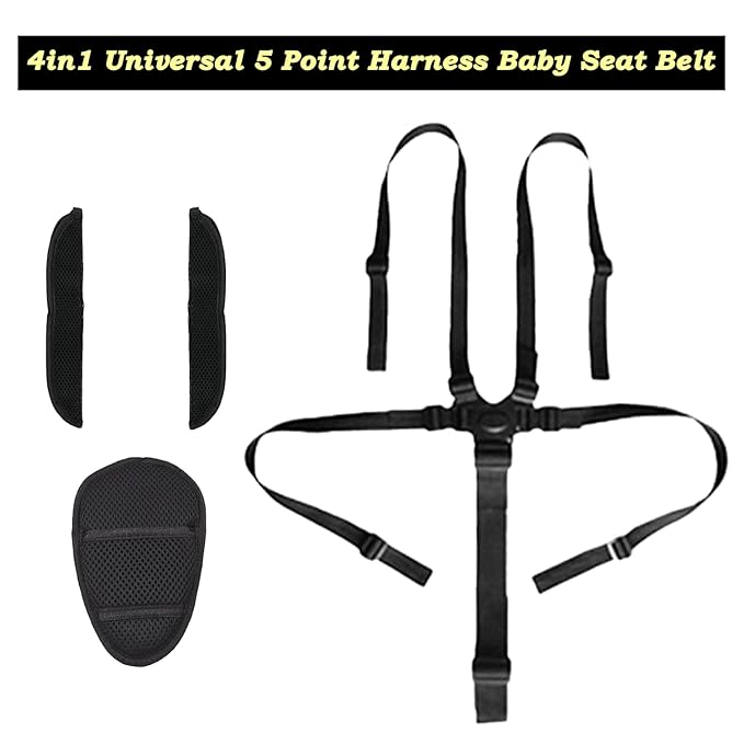 4in1 Universal 5 Point Harness Baby Seat Belt, Adjustable Baby Safety Strap, Child Seat Belts Shoulder Pads, Cushion Crotch Pads for High Chair Stroller, Include Shoulder Pads & Guarding Pad