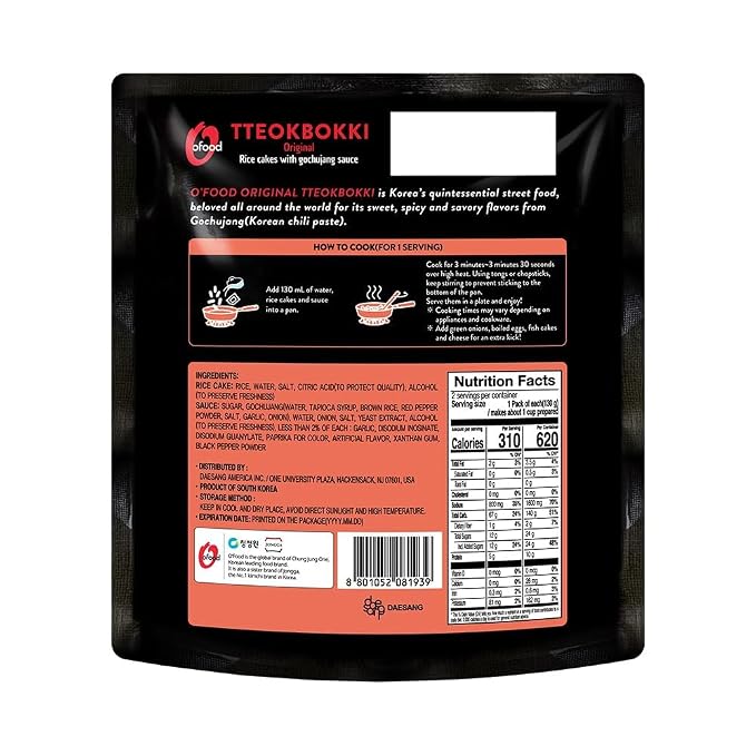 Tteokbokki Korean Rice Cakes – [Original Gochujang | Pack of 1] – Gluten Free | Ready in 3 Minutes | 0 Cholesterol/ 0 Trans Fat | 2 Servings Spicy Street Snack | Healthy/Savory/Spicy - O’food