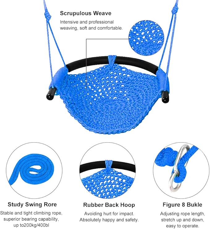 Hand-Knitting Toddler Swing, Swing Seat for Kids with Adjustable Ropes, Little tikes Swings Set, for Outdoor Indoor, Playground, Backyard (Blue)