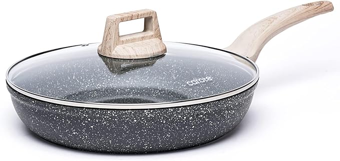 CAROTE Non Stick Frying Pan, 8 Inch Classic Granite Skillet with Glass Lid | Non Toxic Kitchen Cookware, Compatible with All Stovetop, PFOA Free