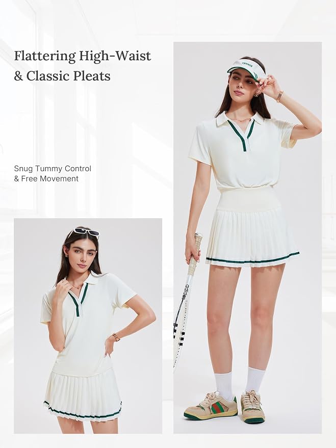 Women 2 Piece Tennis Skirt Set Pleated Golf Outfit, Polo V-Neck Athletic Dress Alternative Skort Set for Pickleball Pockets
