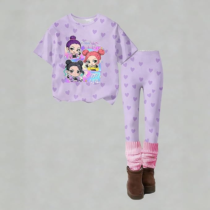 K Pop Short Sleeve T-Shirt and Pants Outfits Set for Girls Hunters Rumi Mira Zoey Graphic Tees De-Mon Kids
