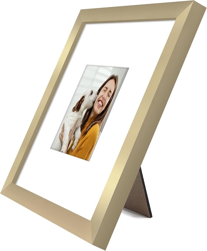 Americanflat 8x8 Picture Frame - Matted to 4x4 - Engineered Wood - Gold | Shatter-resistant glass, wall or tabletop display with included easel, sawtooth hangers included, use with or without mat