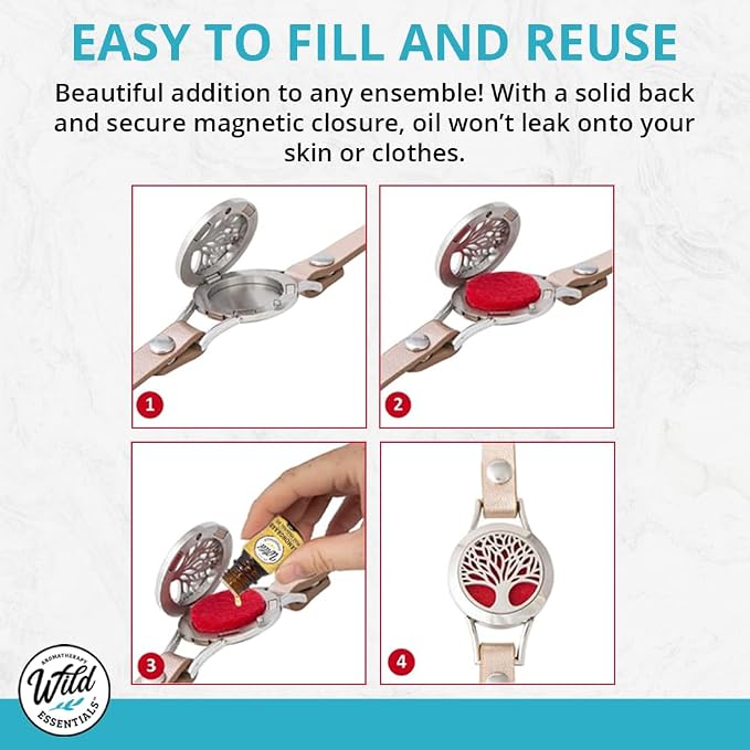 Wild Essentials Peace Sign Essential Oil Leather Wrap Bracelet Diffuser Kit, Gift Set, Lavender, Lemongrass, Peppermint, Orange Oils, 12 Pads, Customizable Color Changing Perfume Jewelry, Aromatherapy