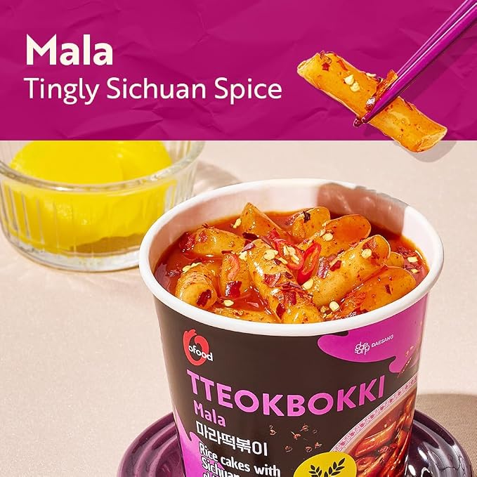 Spicy Cup Tteokbokki Instant Rice Cakes Korean – [Mala (Tingly Sichuan Spice) | Pack of 6] – Ready in 3 Minutes | Gluten-Free, Chewy, Quick & Easy Meal | Street Food Snack | 0 Cholesterol/ 0 Trans Fat - O’food