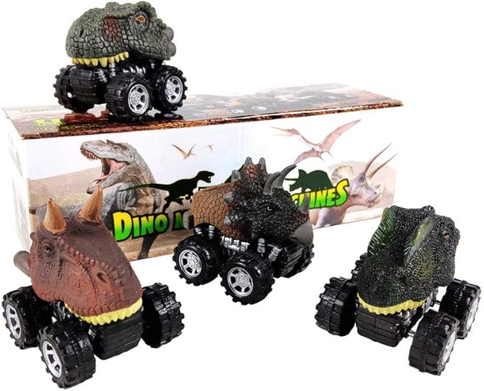 DINOBROS Pull Back Dinosaur Car Toys 4 Pack Dino Toys for 3 Year Old Boys and Toddlers T-Rex Dinosaur Games Monster Trucks