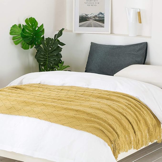 BOURINA Mustard Throw Blanket 60x80 Inch Boho Knit Soft Throw Sofa Blanket | Knitted Throw Blanket 60x80 Inches, Soft Lightweight Boho Weave Throw Decorative Couch Blanket for Living Room Bedroom Chair