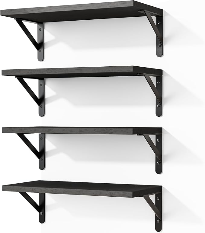 Fixwal Floating Shelves for Wall, Wood Wall Mounted Shelves for Bedroom, Bathroom, Living Room, Kitchen Storage and Decor(Black, Set of 4, 16.5 Inch)