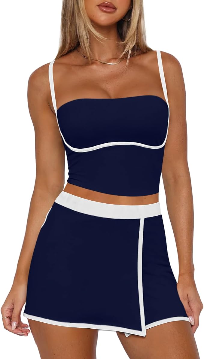 Tennis Skirt Sets Women 2 Piece Outfits Workout Sets Spaghetti Strap Tank Top and Skort Set Athletic Gym Yoga Outfits
