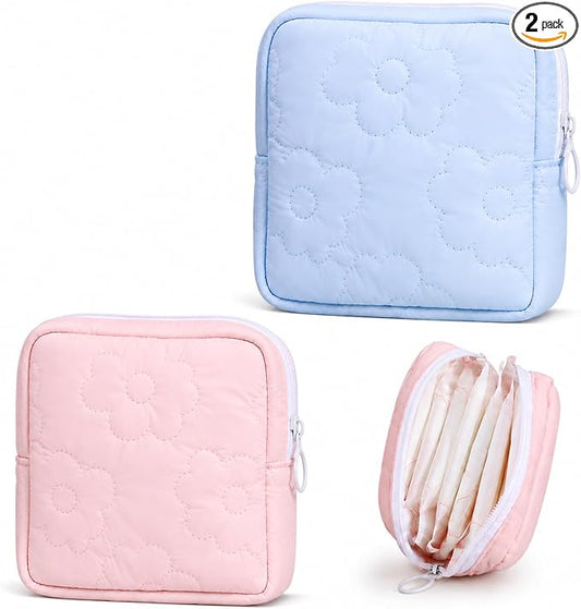2 PCS Period Bags for Teen Girls, Pink Blue Floral Printed Napkin Storage Period Pouches for Teen Girls, Portable Cute Printed Menstrual Pad Pouch Tampon Holder for Purse, First Period Kit for Girls