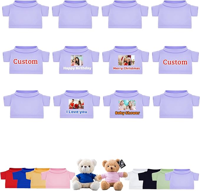 12 Pcs Custom Teddy Bear Clothes with Name Photo, Personalized Stuffed Animal Clothes for Teddy Bears Fit 8-16inch Stuffed Bear Clothing, Custom Doll Outfit Make Your Own Plush Doll Shirt