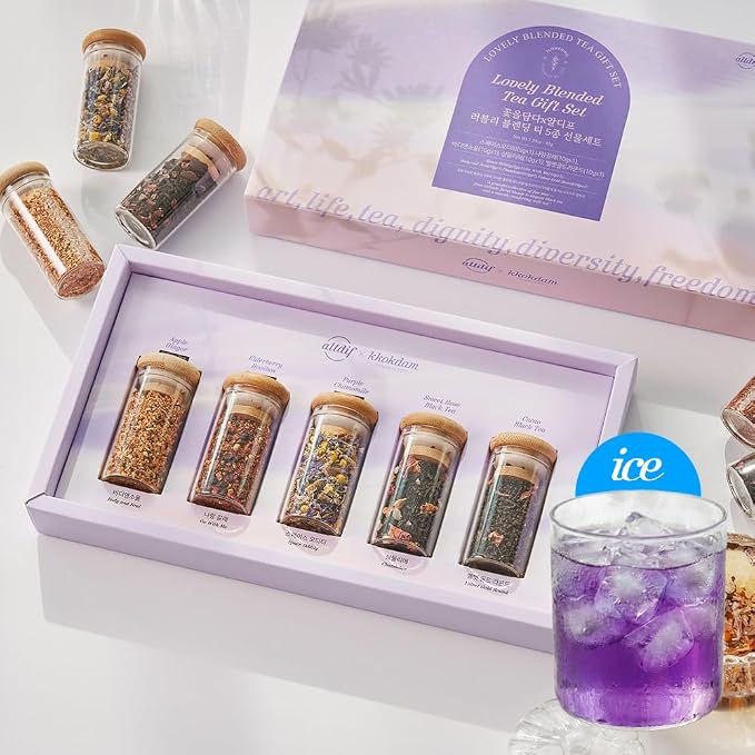 KKOKDAM Lovely Blending Tea Gift Set – Premium 5-Flavor Tea Sampler (3 Herbal & 2 Black Tea Blends) – Loose Leaf Tea Variety Pack in Glass Jars – Unique Korean Gift Box for Women, Mom & Tea Lovers