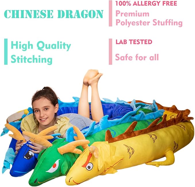 ELAINREN Blue Long Chinese Dragon Stuffed Toy Realistic Dragon Shape Plush Pillow Ultra-Soft China New Year Plushie Dragon Lion Gifts Decor/86.6''