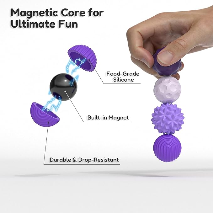 Large Magnetic Sensory Fidget Ball Toy, 4Pcs Silicone Sensory Stress Relief Toys for Adults, Teens with Autism, ADHD, Anxiety, Stocking Stuffers for Women Men Teen Gift (Purple-4, Large)