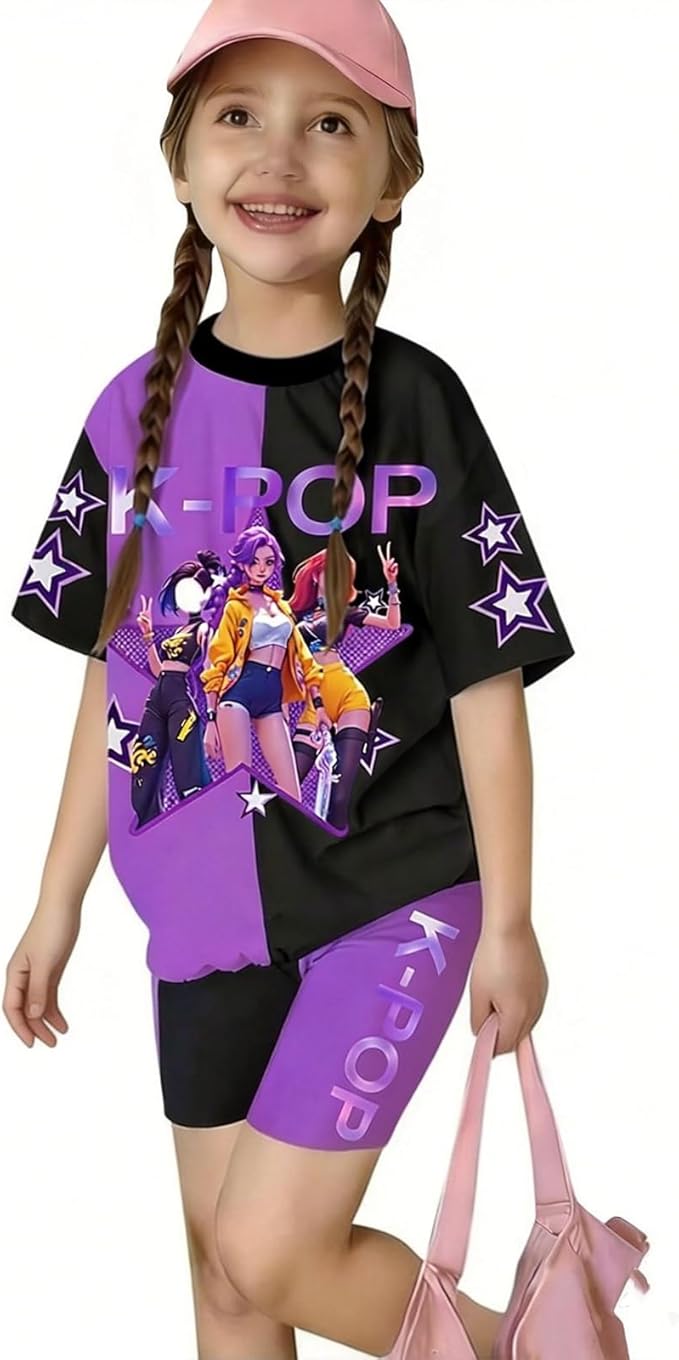 K-POP DEM0N Hunters Outfits for Girls, 2 Piece T-Shirts and Apparel Sets Birthday Gift