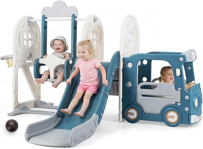 OLAKIDS Toddler Slide and Swing Set, 5 in 1 Bus Themed Baby Slide with Climber Basketball Hoop Car Playhouse for Indoor Outdoor Boys Girls Aged 3+ (Blue)