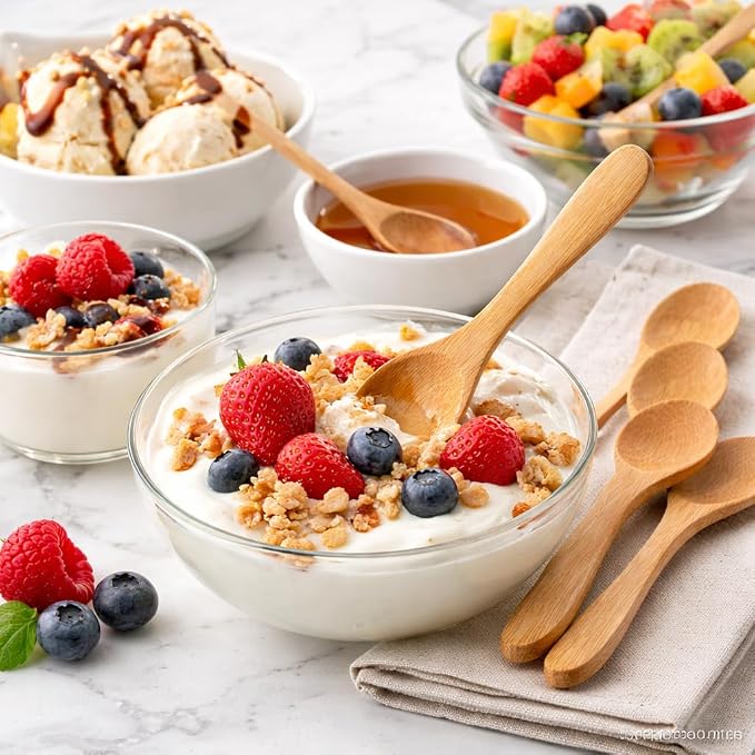 Small Bamboo Spoons Set of 12, 5.5 Inch Wooden Dessert Spoons for Ice Cream Yogurt Appetizers Snacks, Reusable Eco Friendly Bamboo Tasting Spoon for Kitchen, Party, Catering