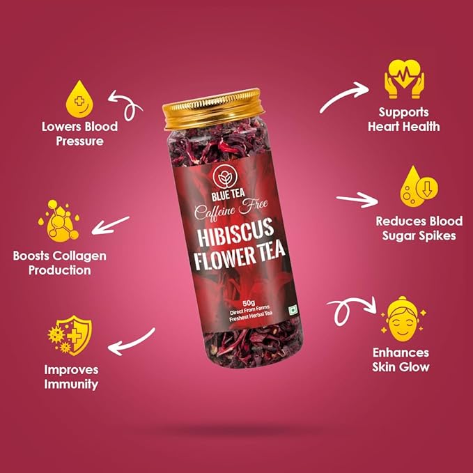 BLUE TEA - Hibiscus Tea - 1.76 Oz (80+ Cups) Loose | SKIN GLOW ENHANCING TEA | Herbal Tea - Flower Based - Non-Bitter - Caffeine Free - Tangy Flavour - Vitamin-C Rich | Pet Jar Pack