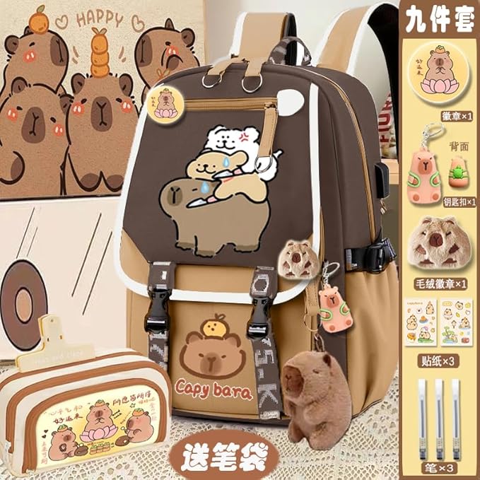 Kapibara Capybara Cartoon Backpack Large Capacity Waterproof Kapibara stuff kawaii backpack with pins and Accessories (pattern 15)