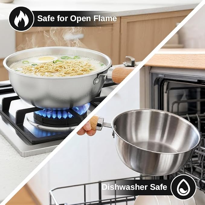 Korean Ramen Pot Set, 18/8 Stainless Steel Ramen Cooking Pot with Stainless Steel Lid, Coating-Free One-Person Dining Set, Wooden Handle Bowl, Fork Spoon Chopsticks&Sauce Dish, Safe for Gas Stove