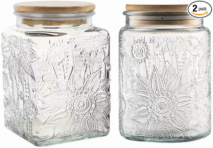 Set of 2 Vintage Glass Storage Jars, Candy Jars with Lids | Coffee Jars, Kitchen Canisters for Coffee Tea Sugar Candy Cookie, Decorative Mason Jars Cute Jars (25.3oz/23.7oz)