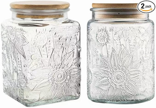 Set of 2 Vintage Glass Storage Jars, Candy Jars with Lids | Coffee Jars, Kitchen Canisters for Coffee Tea Sugar Candy Cookie, Decorative Mason Jars Cute Jars (25.3oz/23.7oz)