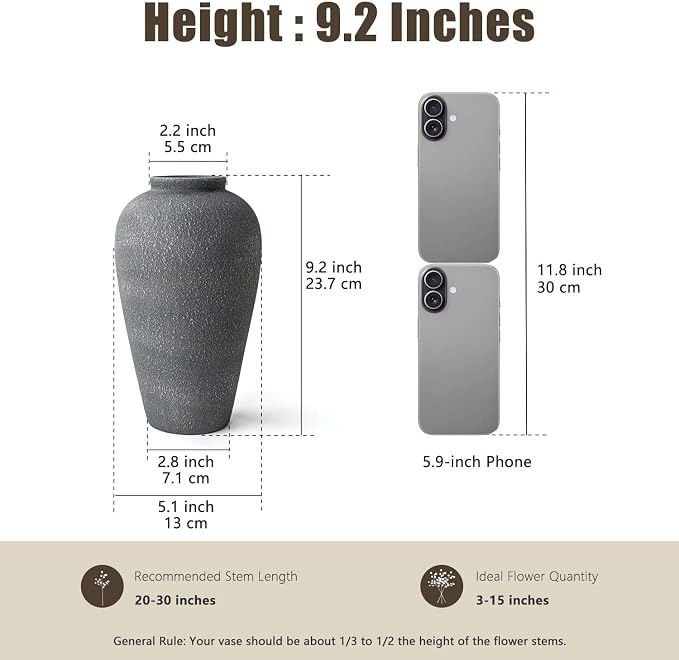 Black Ceramic Vase 9.2 inch, Large Farmhouse Table Vases, Tall Rustic Decorative Vases for Home Decor, Living Room Coffee Dining Shelf Mantel Decoration, Gray Black