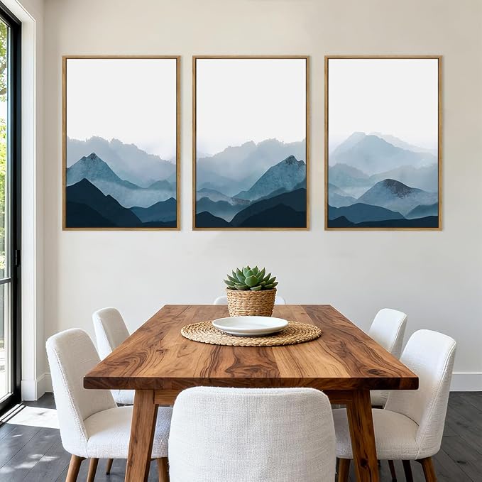 BINCUE Large Blue Mountain Wall Art Fog Blue Ridge Mountains Artwork for Living Room Bedroom Office 24x36 Inch Set of 3