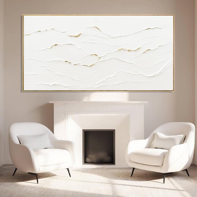 Large Framed White Abstract Gold Wall Art for Living Room 29x58 Inch