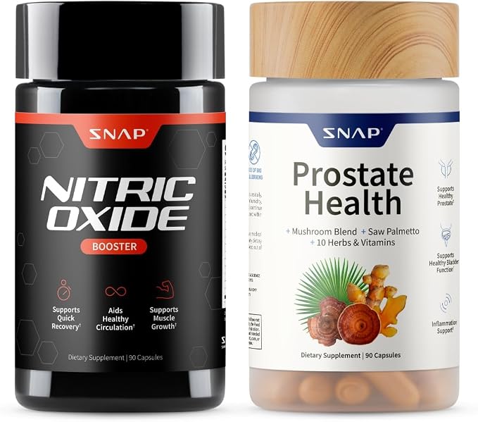 Snap Supplements Nitric Oxide Booster + Prostate Health Supplements for Men, Circulation, Stamina & Urinary Support, L-Citrulline, L-Arginine, Saw Palmetto for Men, Caffeine-Free, 90 Capsules Each