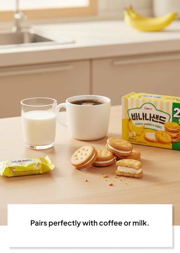 Korean Food CW Banana Sandwich Cookies, Sweet Banana Biscuits 12 Packs 360g | Crispy sandwich cookies filled with sweet banana cream. Family pack includes 12 individual snack packs, 360g total.