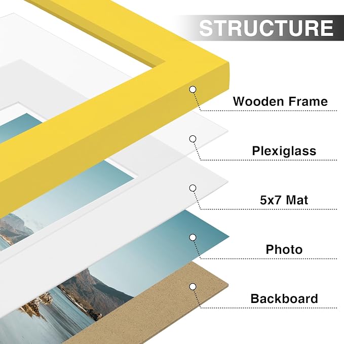 Vittanly 8x10 Picture Frames Set of 9 for Wall or Tabletop Display, Yellow | Display Pictures 5x7 with Mat or 8x10 without Mat, Small Photo Frames, Engineered Wood with Shatter Resistant Plexiglass