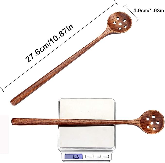 1 PC Korean Style 10.9" Long Handle Wooden Round Slotted Spoons for Jam Olive