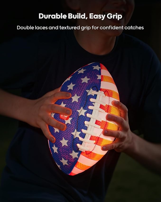 QPAU 9" Glow in The Dark Football (Size 3, 2 Packs), Light Up Youth Football with Pump & Batteries, Outdoor Toys & Games for Boys Girls, Birthday Gifts for Kids and Teens