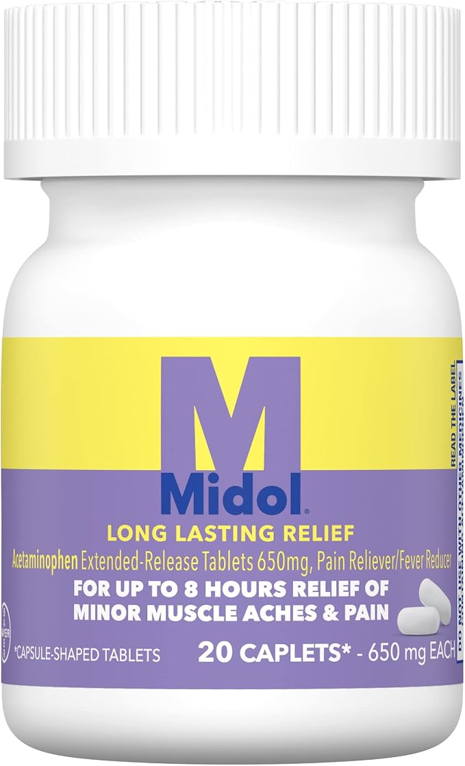 Midol Long Lasting Relief 20ct: Midol Long Lasting Relief, Menstrual Symptom Reliever & Fever Reducer, Caplets with Acetaminophen for Menstrual Pain Relief - 20 Count (Packaging May Vary)