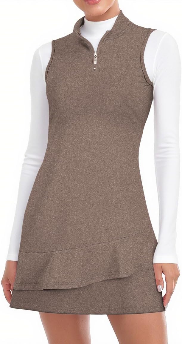 Viracy Tennis Dress for Women Sleeveless Golf Dresses with Shorts and Pockets Ruffle Zip Up Stand Collar Golf Outfits
