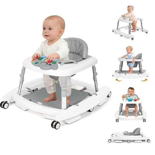 5-in-1 Baby Walker for Boys and Girls Music and Lights 6-18 Month, Foldable Baby Walkers with 5 Adjustable Heights, Infant Toddler Walker with Wheels and Bouncer Combo Portable (White)