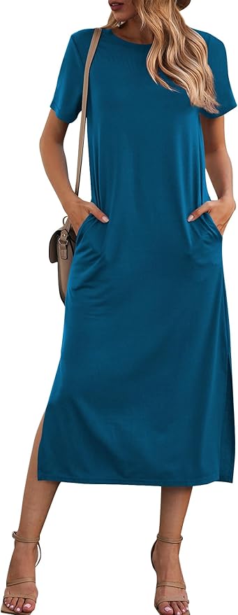 Naggoo Women's Casual T Shirt Midi Dress with Side Slit and Pockets