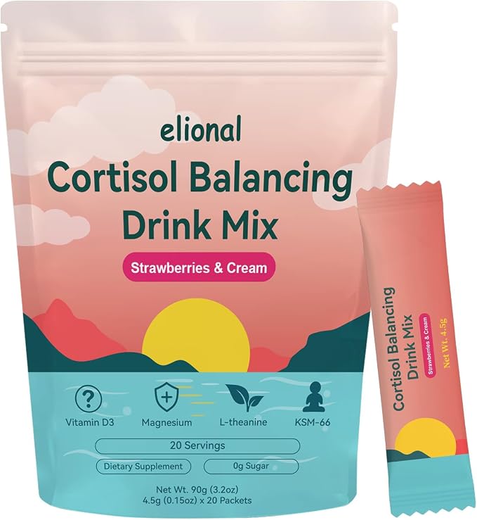 Cortisol Drink Mix for Mental Clarity & Digestive Comfort – Ashwagandha + L-Theanine Powder – Strawberries Cream Flavor – 20 (Strawberries & Cream)