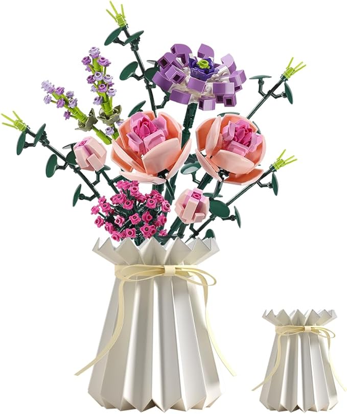 Flower Bouquet Building Blocks Sets Pink Rose Bricks with Vase Creative Toys Kits Mother's Day Birthday for Adults Mom Women Girlfriends Old Kids 6-12 8-12 (413PCS)