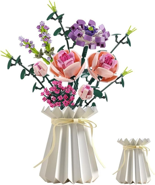Flower Bouquet Building Blocks Sets Pink Rose Bricks with Vase Creative Toys Kits Mother's Day Birthday for Adults Mom Women Girlfriends Old Kids 6-12 8-12 (413PCS)