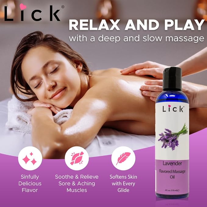 Lick Lavender Massage Oil – Calming Aromatherapy Massage Oil with Sweet Almond Oil & Vitamin E, Relaxing Floral Scent for Stress Relief & Couples Massage, 4 oz