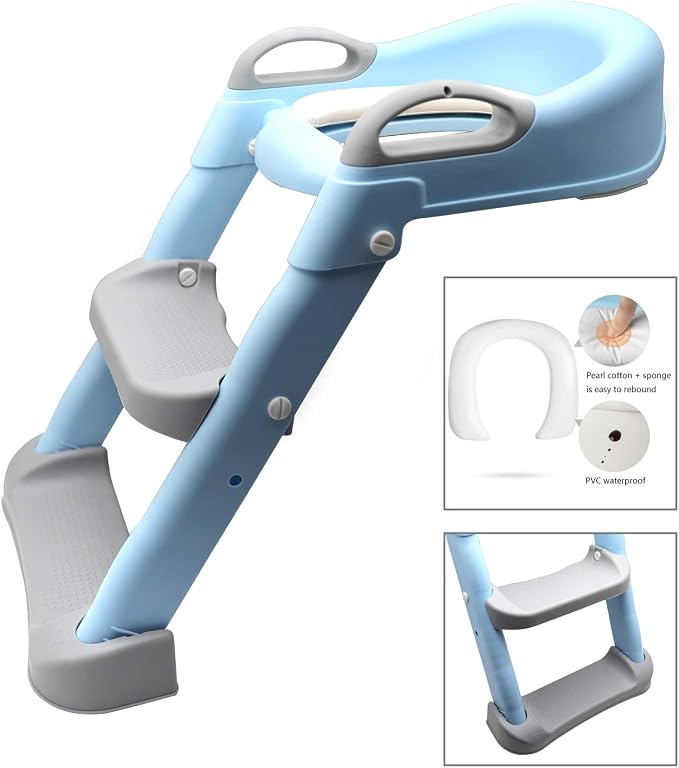HongK- Classic Potty Training Toilet Ladder Seat With Upgraded Cushion Step Stool Ladder Toilet Chair/Toilet Trainer for Baby Toddler Kids Children In Blue [P/N: ET-BABY002-BLUE STEP-C]