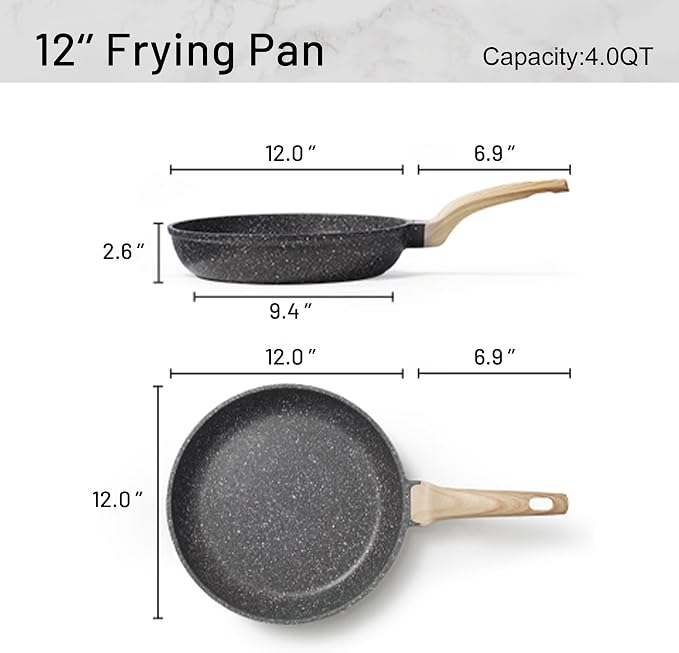 CAROTE 12 Inch Non Stick Black Frying Pan, PFOA-Free | Healthy Non Toxic Granite Kitchen Cookware, All Stovetops Compatible Skillet with Heat-Resistant Handle