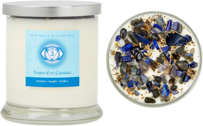 Third Eye Chakra Candle by New Moon Beginnings - Chakra Candles - Dried Flower, Herb, & Crystal Candles - Aromatherapy Candles - Soy Candle - 12oz Glass Jar