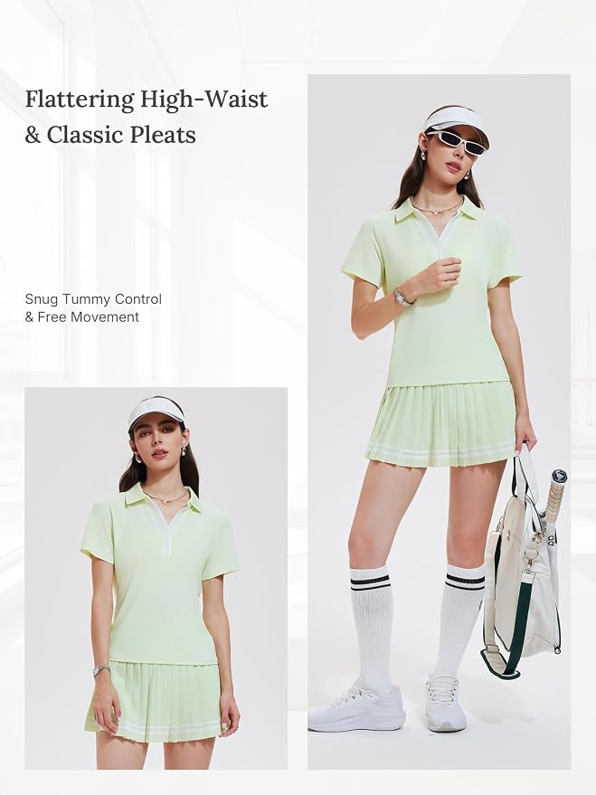 Women 2 Piece Tennis Skirt Set Pleated Golf Outfit, Polo V-Neck Athletic Dress Alternative Skort Set for Pickleball Pockets