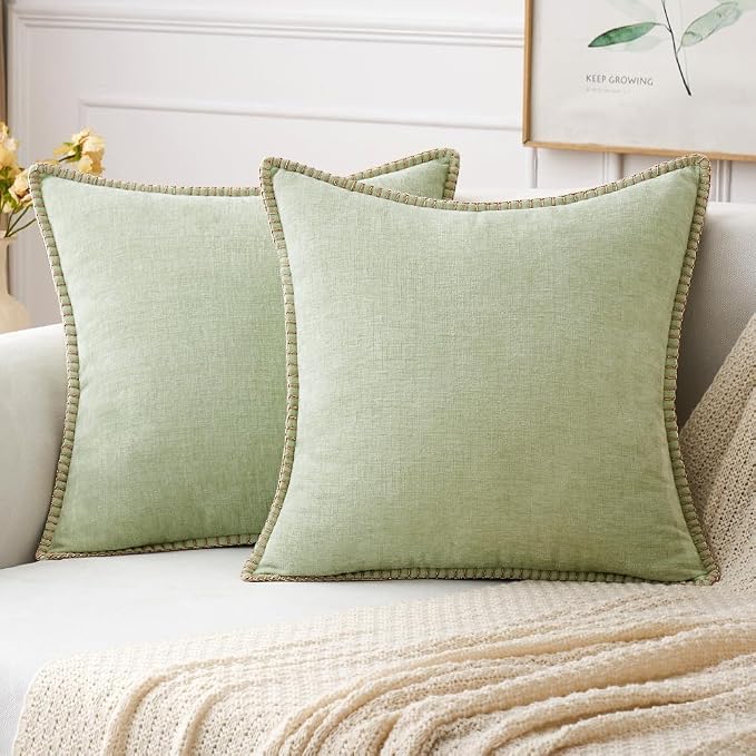 MIULEE Decorative Couch Throw Pillow Covers 20x20 Inch Light Green 2 Pack | Farmhouse Pillow Covers with Stitched Edge, Soft Chenille Cushion Cases, for Sofa Bed Living Room Home Decor